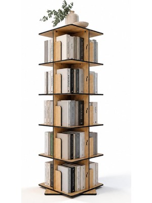 Odea Vigowood 5 Katlı 360° Döner Kare Kitaplık – Modern ve Dekoratif Çok Katmanlı Ahşap Kitap ve Dergi Rafı (Meşe)