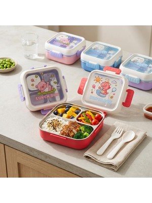 Odea Deconox Paslanmaz Çelik 3 Bölmeli Kilitli Yemek Kabı 2000 Ml, Çatal Kaşık Dahil Renkli Desenli Lunch Box, Çelik Iç Hazneli Saklama ve Taşıma Kabı (Kırmızı)
