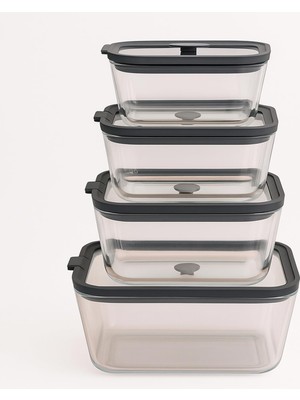 Odea Meturas Borosilikat Cam Saklama Kabı Seti, 4 Parça, Vakumlu Silikon Kapaklı, Gıda Saklama Kutuları, 470ML-2600ML Kapasiteli, Şeffaf ve Gri