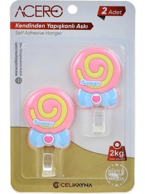 Odea Sweet Lolipop Kendinden Yapışkanlı Askı 2li, Pembe Şeker Mutfak ve Banyo Askısı x 2 Adet, 2 kg Taşıma Kapasiteli Güçlü Yapışkanlı Plastik Askı - 38315
