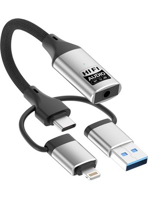 Odea Coverzone Lightning Type-C USB Girişli 3.5mm Hi-Fi Ses Dönüştürücü Adaptör | Dac Çipli Harici Ses Kartı | Kulaklık Mikrofon Destekli | Canlı Yayın Vlog Pc Telefon | ZR1206