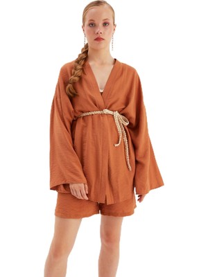 Odea Sateen Kuşak Detaylı Salaş Kimono, 36, STN139KCE1059, Taba, Kadın