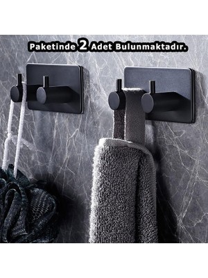 Odea Askılık Yapışkanlı Dikdörtgen Çubuklu 2 Kancalı Mat Siyah Pakette 2 Adet