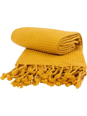 Odea Püskül Lüks Waffle Plaj Havlusu Peştemal, 100% Pamuk Yumuşak Süper Emici Ince Hafif Kompakt Waffle Dokuma Plaj Havlusu, Dekoratif Banyo Peştemali (Hardal, 90X180 cm Peştemal)