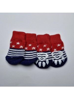 Odea Kaymaz Tabanlı Köpek Çorabı (Kırmızı-Lacivert Yıldız Desenli, S - Boy 6 Cm, En 3 Cm)
