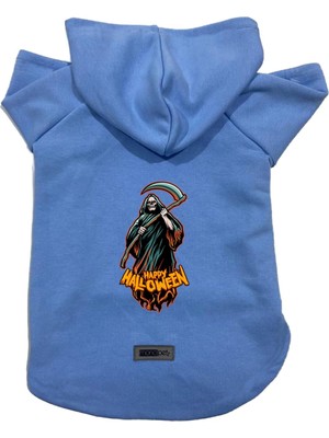 Odea Monopetz Kapişonlu Polar Sweatshirt Köpek ve Kedi Kıyafeti & Elbisesi Mavi Happy Halloween Azrail Xl
