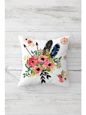 Odea Pelangi Kuş Tüylü Çiçekli Çift Tarafı Baskılı Gizli Fermuarlı Yastık Kılıfı Kırlent Koltuk Yastık Kılıfı, Beyaz-Pembe-Siyah 45 x 45, 24691115645451