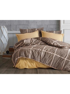 Odea Lüks%80 Pamuklu Çift Kişilik Nevresim Takımı Seti Yorgan Kılıfı Love Kalp Desen 200X220 cm + Lastikli Battal Boy Çarşaf 180X200X30 cm +2 Yastık Kılıflı 50X70 cm (Kahverengi, Kareli)
