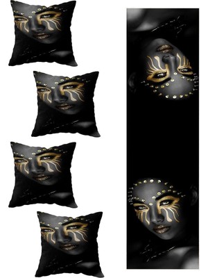 Odea Pelangi Siyahi Kadın Salon Mutfak Masa Değişik Ranır Modelleri Dekoratif 4'lü Kırlent Kılıfı ve Runner Seti, Siyah-Sarı-Gold 40 x 140