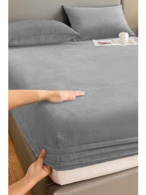 Odea Kadife Kumaş Çift Kişilik Fitted Lastikli Çarşaf Takımı 160X200+30 cm Açık Gri