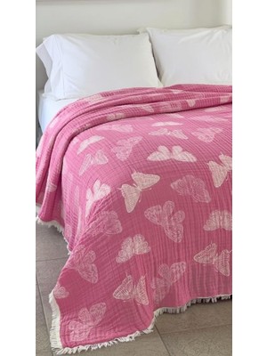 Odea Mulberry Kelebek Desen 4 Katlı Müslin Pike Yatak Örtüsü Battal Boy 240X260 cm PEMBE%100 Pamuk