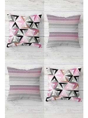 Odea Pelangi Zigzag ve Üçgen Bloklar Gizli Fermuarlı Kırlent Kılıfı Koltuk Yastık Kılıfı TAKIM(4ADET), Pembe-Gri-Beyaz 43 x 43