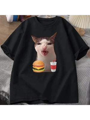 Odea Tarzsokak Siyah Kedi Çıtır Gıda Meme Aptal Komik Kedi Yeme, Siyah-2, 2xl-3xl