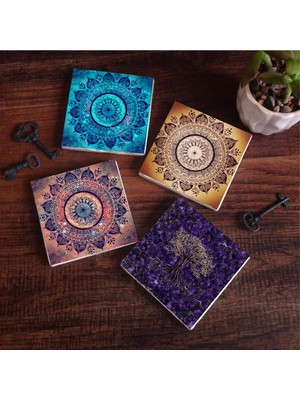 Odea Pinecone Stone Mandala, Hayat Ağacı Taş Bardak Altlığı Seti - 4 Parça - Dekoratif, Rustik Mutfak Aksesuarı, 10X10 Cm, Kaydırmaz Tabanlı, Şık ve Dayanıklı SC132