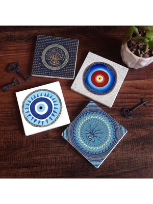 Odea Pinecone Stone Nazar Taş Bardak Altlığı Seti - 4 Parça - Dekoratif, Rustik Mutfak Aksesuarı, 10X10 Cm, Kaydırmaz Tabanlı, Şık ve Dayanıklı SC166