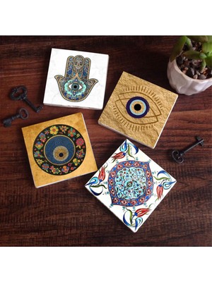 Odea Pinecone Stone Nazar, Çini Sanatı, Fatma Ana Eli (Hamsa) Taş Bardak Altlığı Seti - 4 Parça - Dekoratif, Rustik Mutfak Aksesuarı, 10X10 Cm, Kaydırmaz Tabanlı, Şık ve Dayanıklı SC508