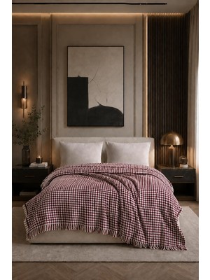Odea Bordo Çift Kişilik Pike | Kazayağı Desenli Dekoratif Yatak Örtüsü | 200X220 cm Saçaklı