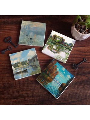 Odea Pinecone Stone Claude Monet Sonbahar, Gül Çiçekli Kemer, Argenteuil'de Köprü, Izlenim Gün Doğumu Taş Bardak Altlığı Seti - 4 Parça - Dekoratif, Rustik, 10X10 Cm, Kaydırmaz Tabanlı SC481