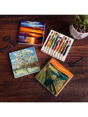 Odea Pinecone Stone Van Gogh Çiçeklenen Pembe Şeftali Ağacı, Çığlık, Yerli Kadınlar, Deniz Manzarası Taş Bardak Altlığı Seti - 4 Parça - Dekoratif, Rustik, 10X10 Cm, Kaydırmaz Tabanlı SC441