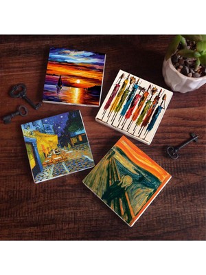 Odea Pinecone Stone Van Gogh Kafe Terasta Gece, Çığlık, Yerli Kadınlar, Deniz Manzarası Taş Bardak Altlığı Seti - 4 Parça - Dekoratif, Rustik, 10X10 Cm, Kaydırmaz Tabanlı, Şık ve Dayanıklı SC434