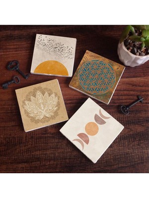 Odea Pinecone Stone Minimalist, Yaşam Çiçeği, Soyut, Lotus Çiçeği Taş Bardak Altlığı Seti - 4 Parça - Dekoratif, Rustik Mutfak Aksesuarı, 10X10 Cm, Kaydırmaz Tabanlı, Şık ve Dayanıklı SC293