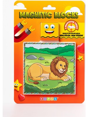 Odea Küpss Manyetik Blok Çift Taraflı 9 Parçalı Mıknatıslı Puzzle 2 Görsel Aslan-Zebra Yapboz