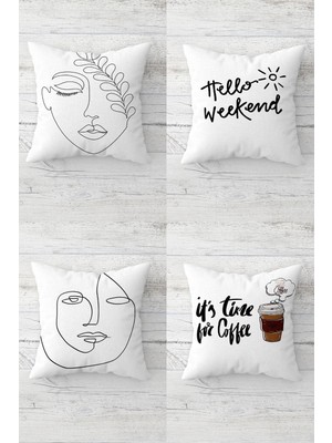 Odea Pelangi Line Art Hello Weekend Coffee Time Gizli Fermuarlı Kırlent Kılıfı Koltuk Yastık Kılıfı TAKIM(4ADET), Beyaz-Siyah-Kahverengi 45 x 45