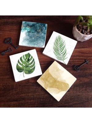 Odea Pinecone Stone Yaprak, Soyut Sanat Taş Bardak Altlığı Seti - 4 Parça - Dekoratif, Rustik Mutfak Aksesuarı, 10X10 Cm, Kaydırmaz Tabanlı, Şık ve Dayanıklı SC363