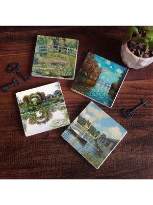 Odea Pinecone Stone Claude Monet Sonbahar, Gül Çiçekli Kemer, Argenteuil'de Köprü, Nilüfer Gölü Taş Bardak Altlığı Seti - 4 Parça - Dekoratif, Rustik Mutfak Aksesuarı, 10X10 Cm, Kaydırmaz Tabanlı SC533
