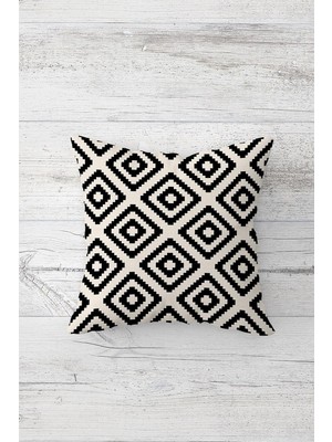 Odea Pelangi Bej Karo Desenli Çift Tarafı Baskılı Gizli Fermuarlı Yastık Kılıfı Kırlent Koltuk Yastık Kılıfı, Kırık Beyaz-Siyah 45 x 45