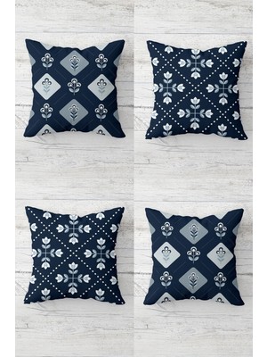 Odea Pelangi Lacivert Mini Çiçekler Gizli Fermuarlı Kırlent Kılıfı Koltuk Yastık Kılıfı TAKIM(4ADET), Lacivert-Indigo 45 x 45
