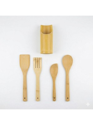 Odea Uyt Life Doğal Bambu 5 Parça Mutfak Servis Seti - Ahşap Spatula, Kaşık, Servis Çatalı ve Tezgah Üstü Kaşıklık Standı - Isıya Dayanıklı, Yapışmaz Tava Dostu Mutfak Gereçleri Seti