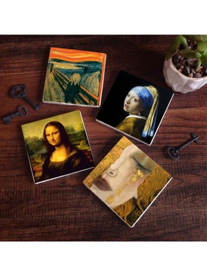 Odea Pinecone Stone Çığlık, Inci Küpeli Kız, Gustav Klimt Altın Gözyaşları, Da Vinci Mona Lisa Taş Bardak Altlığı Seti - 4 Parça - Dekoratif, Rustik Mutfak Aksesuarı, 10X10 Cm, Kaydırmaz Tabanlı SC536