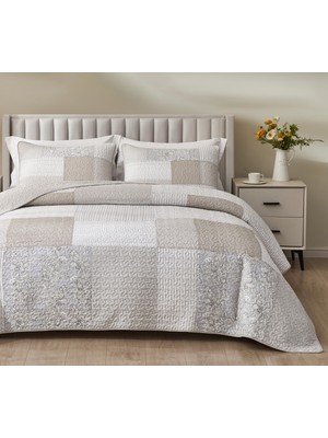 Odea Chezmoi Collection Quinn 3 Parça Nötr Boz Kahverengi Gri Beyaz Çiçekli Hibiscus Çiçek Şeker Çizgili Patchwork Yorgan Seti - Önceden Yıkanmış Pamuklu Örtü - Hafif Ters Çevrilebilir Yatak Örtüsü, Queen
