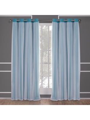Odea Özel Ev Catarina Katmanlı Katı Oda Karartma ve Şeffaf Gromet Üst Perde Panel Çifti, 132 cm x 304 Cm, Turkuaz