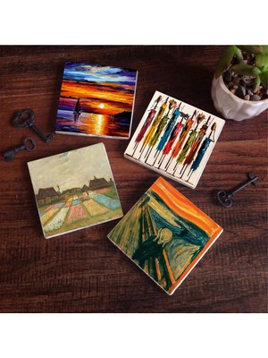 Odea Pinecone Stone Van Gogh Hollanda'da Lale Tarlaları, Çığlık, Yerli Kadınlar, Deniz Manzarası Taş Bardak Altlığı Seti - 4 Parça - Dekoratif, Rustik Mutfak Aksesuarı, 10X10 Cm, Kaydırmaz Tabanlı SC433