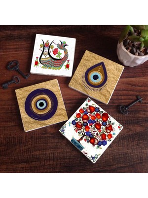 Odea Pinecone Stone Nazar, Şahmeran, Nar Ağacı Taş Bardak Altlığı Seti - 4 Parça - Dekoratif, Rustik Mutfak Aksesuarı, 10X10 Cm, Kaydırmaz Tabanlı, Şık ve Dayanıklı SC524