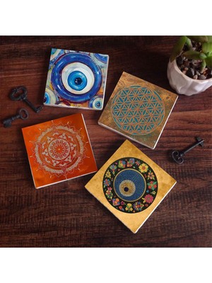 Odea Pinecone Stone Nazar, Yaşam Çiçeği, Mandala Taş Bardak Altlığı Seti - 4 Parça - Dekoratif, Rustik Mutfak Aksesuarı, 10X10 Cm, Kaydırmaz Tabanlı, Şık ve Dayanıklı SC471