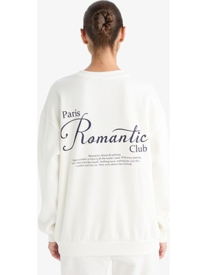 Odea Defacto Oversize Uzun Kollu Ekru Pamuklu Bisiklet Yaka Baskılı Kalın Sweatshirt F7881AX25AU