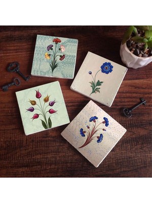 Odea Pinecone Stone Ebru Sanatı, Lale Taş Bardak Altlığı Seti - 4 Parça - Dekoratif, Rustik Mutfak Aksesuarı, 10X10 Cm, Kaydırmaz Tabanlı, Şık ve Dayanıklı SC218