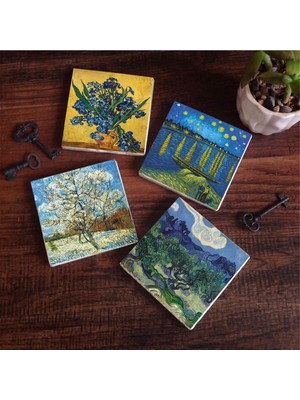 Odea Pinecone Stone Van Gogh Zeytin Ağaçları, Şeftali Ağacı, Ren Nehri’nde Yıldızlı Gece, Süsenler Taş Bardak Altlığı Seti - 4 Parça - Dekoratif, Rustik Mutfak Aksesuarı, 10X10 Cm, Kaydırmaz Tabanlı SC268