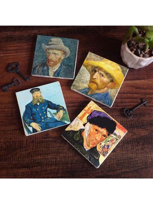 Odea Pinecone Stone Van Gogh Otoportre Taş Bardak Altlığı Seti - 4 Parça - Dekoratif, Rustik Mutfak Aksesuarı, 10X10 Cm, Kaydırmaz Tabanlı, Şık ve Dayanıklı SC325