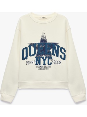 Odea Şardonlu Bisiklet Yaka Uzun Kollu Rahat Kalıp Baskılı Sweatshirt