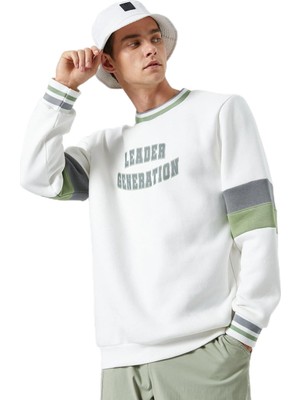 Odea Koton Erkek 4WAM70160MK Bisiklet Yaka Uzun Kollu Slogan Baskılı Sweatshirt, Ekru (010), L