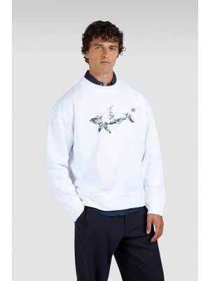 Odea Erkek Rahat Kalıp Büyük Shark Logolu Pamuklu Uzun Kollu Beyaz Sweatshirt 15311848-965