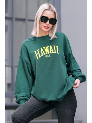 Odea Madmext Yeşil Bisiklet Yaka Baskılı Sweatshirt MG1922,YEŞIL L