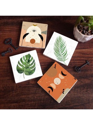 Odea Pinecone Stone Bohem, Yaprak Taş Bardak Altlığı Seti - 4 Parça - Dekoratif, Rustik Mutfak Aksesuarı, 10X10 Cm, Kaydırmaz Tabanlı, Şık ve Dayanıklı SC346