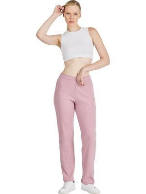 Odea Mmetalıc Kadın Yüksek Bel Fitilli Bol Paça Günlük Ince Eşofman Altı Pijama (Gül Kurusu, L)