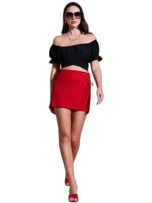 Odea Lela Streç Bağlamalı Slim Fit Yüksek Bel Mini Şort Etek Bayan Şort Etek 5865745