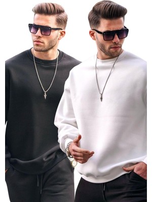 Odea Madmext Siyah/beyaz Bisiklet Yaka Oversize Şardonlu Basic Erkek 2'li Paket Sweatshirt E7447,SIYAH/BEYAZ M